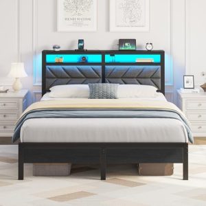 Seventable Full Size Bed Frame with Charging Station | Upholstered Storage Headboard | Metal Platform Bed with Under Bed