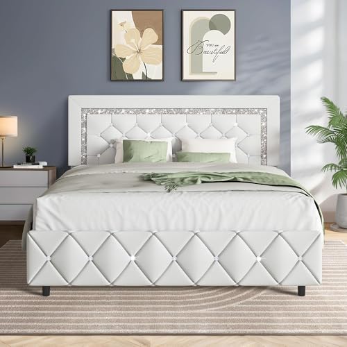 HOMBCK Twin Bed Frame + Faux Leather Upholstered Platform Bed + Modern Design + Kids/Teens + Stylish Diamond Headboard +