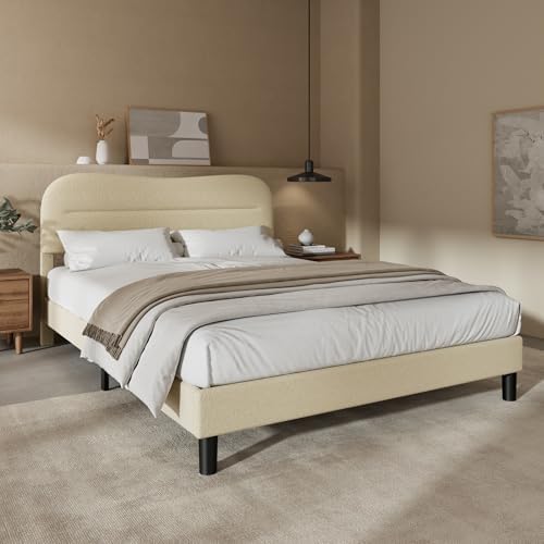 Upholstered Twin Bed Frame with Soft Cloud Headboard - Teddy Boucle Fabric, No Box Spring Required, Noise-Free Design, I