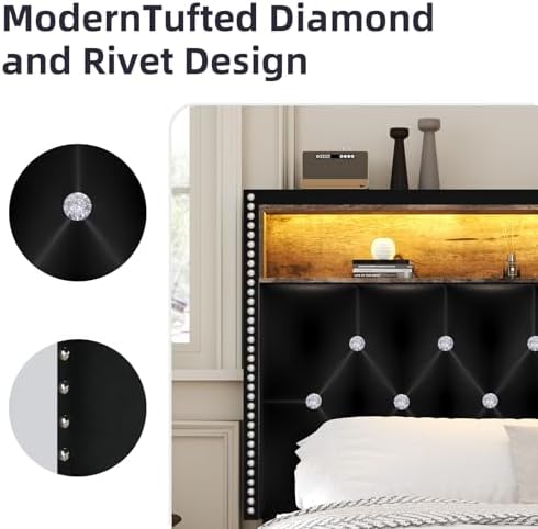 HOMBCK Full Size Bed Frame with LED Lights - Velvet Upholstered with Storage Headboard for Modern Bedroom - Easy Assembl