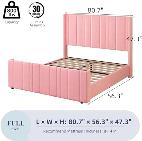 HOMBCK Upholstered Full Bed Frame with Tufted Headboard & Footboard for Easy Assembly | Cream | No Box Spring Needed | M