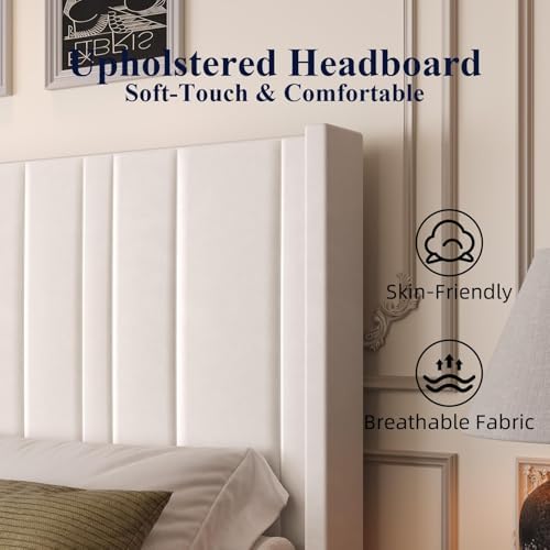 HOMBCK Upholstered Full Bed Frame with Tufted Headboard & Footboard for Easy Assembly | Cream | No Box Spring Needed | M