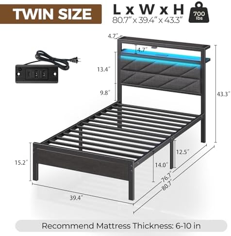 Seventable Full Size Bed Frame with Charging Station | Upholstered Storage Headboard | Metal Platform Bed with Under Bed