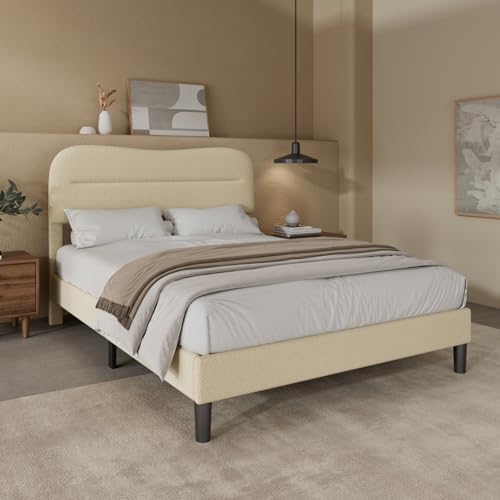 Upholstered Twin Bed Frame with Soft Cloud Headboard - Teddy Boucle Fabric, No Box Spring Required, Noise-Free Design, I