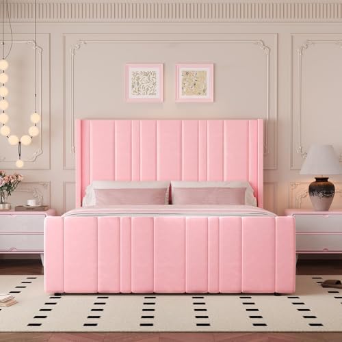 HOMBCK Upholstered Full Bed Frame with Tufted Headboard & Footboard for Easy Assembly | Cream | No Box Spring Needed | M