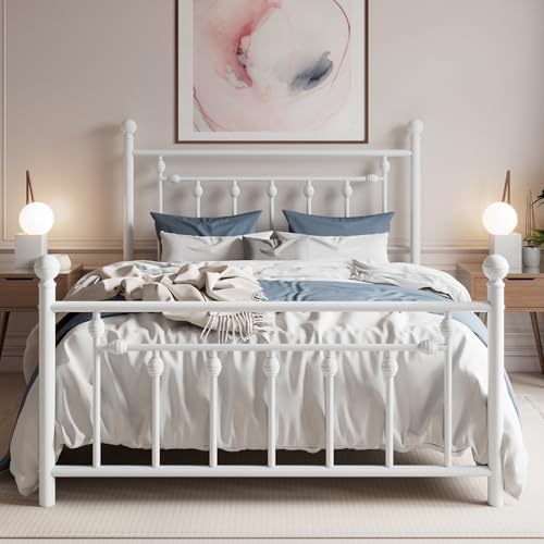 SHA CERLIN 14'' Queen Size Metal Platform Bed Frame - Victorian Headboard & Footboard, Steel Slats Mattress Foundation,