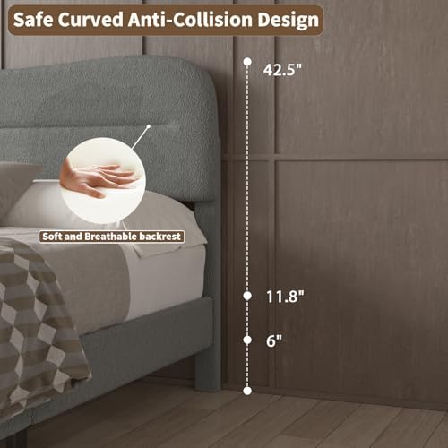 Upholstered Twin Bed Frame with Soft Cloud Headboard - Teddy Boucle Fabric, No Box Spring Required, Noise-Free Design, I
