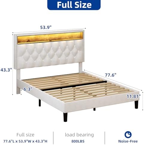 HOMBCK Full Size Bed Frame with LED Lights - Velvet Upholstered with Storage Headboard for Modern Bedroom - Easy Assembl