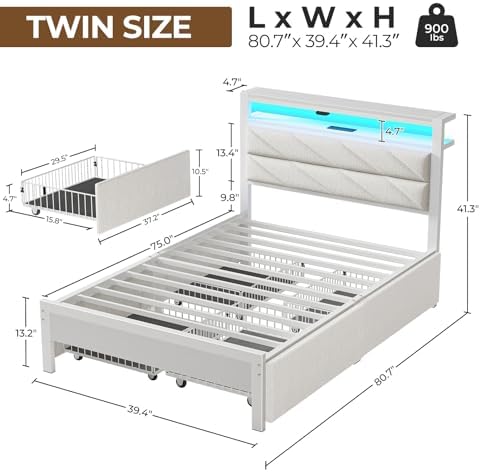Seventable Full Size Bed Frame with Charging Station | Upholstered Storage Headboard | Metal Platform Bed with Under Bed