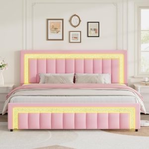 HOMBCK King Bed Frame with LED Lights | Velvet Upholstered Headboard | Modern Adjustable Design | Noise-Free Support | N