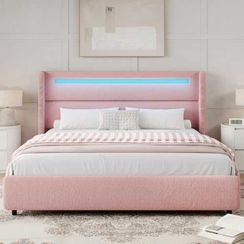 HOMBCK Queen Bed Frame with LED Lights | Soft Upholstered Boucle Queen Size | Wingback Headboard Design | Easy Assembly