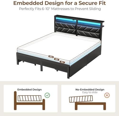 Seventable Full Size Bed Frame with Charging Station | Upholstered Storage Headboard | Metal Platform Bed with Under Bed