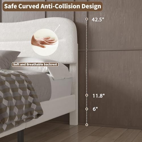 Upholstered Twin Bed Frame with Soft Cloud Headboard - Teddy Boucle Fabric, No Box Spring Required, Noise-Free Design, I