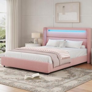 HOMBCK Queen Bed Frame with LED Lights | Soft Upholstered Boucle Queen Size | Wingback Headboard Design | Easy Assembly