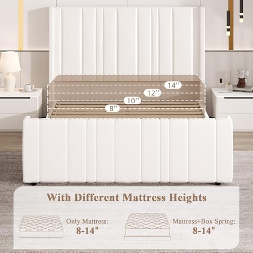 HOMBCK Upholstered Full Bed Frame with Tufted Headboard & Footboard for Easy Assembly | Cream | No Box Spring Needed | M