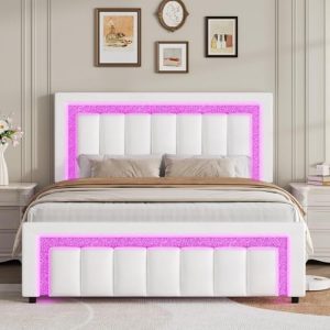 HOMBCK Full Bed Frame with LED Lights - Modern Velvet Upholstered Headboard for Adults - Noise-Free, Adjustable Full Siz