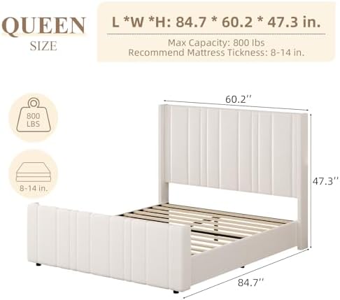 HOMBCK Upholstered Full Bed Frame with Tufted Headboard & Footboard for Easy Assembly | Cream | No Box Spring Needed | M