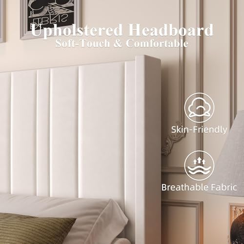 HOMBCK Upholstered Full Bed Frame with Tufted Headboard & Footboard for Easy Assembly | Cream | No Box Spring Needed | M