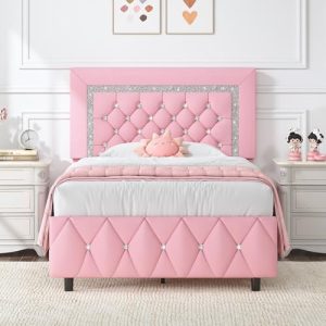 HOMBCK Twin Bed Frame + Faux Leather Upholstered Platform Bed + Modern Design + Kids/Teens + Stylish Diamond Headboard +