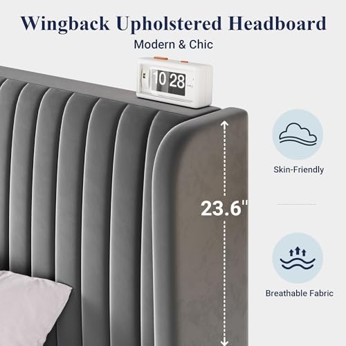 Allewie Queen Size Velvet Bed Frame - Upholstered Platform Bed with Wingback Headboard - Vertical Channel Tufted Design