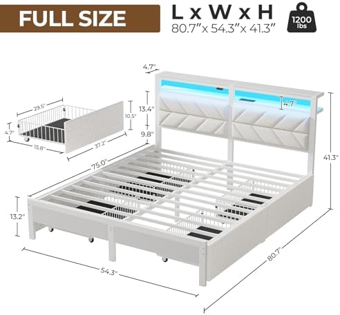 Seventable Full Size Bed Frame with Charging Station | Upholstered Storage Headboard | Metal Platform Bed with Under Bed