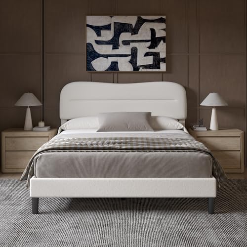 Upholstered Twin Bed Frame with Soft Cloud Headboard - Teddy Boucle Fabric, No Box Spring Required, Noise-Free Design, I