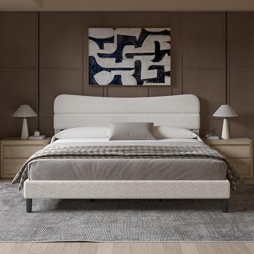 Upholstered Twin Bed Frame with Soft Cloud Headboard - Teddy Boucle Fabric, No Box Spring Required, Noise-Free Design, I