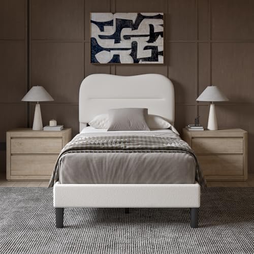 Upholstered Twin Bed Frame with Soft Cloud Headboard - Teddy Boucle Fabric, No Box Spring Required, Noise-Free Design, I