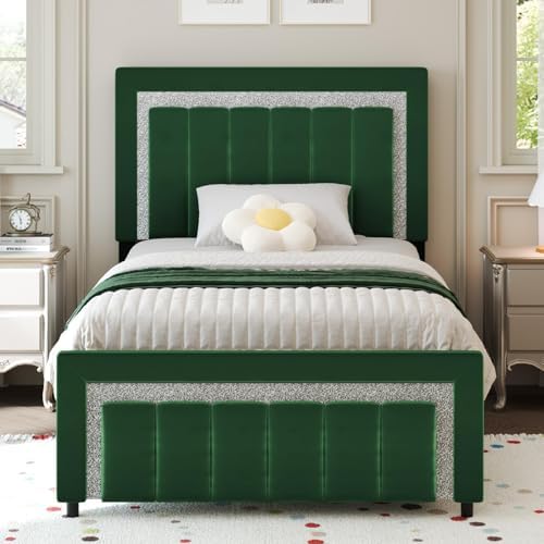 HOMBCK Full Size Bed Frame with Upholstered Headboard | Elegant Princess Platform Bed Design with Diamond Pattern | Easy