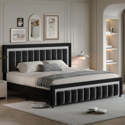 HOMBCK Full Size Bed Frame with Upholstered Headboard | Elegant Princess Platform Bed Design with Diamond Pattern | Easy