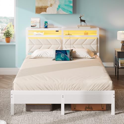 Seventable Full Size Bed Frame with Charging Station | Upholstered Storage Headboard | Metal Platform Bed with Under Bed