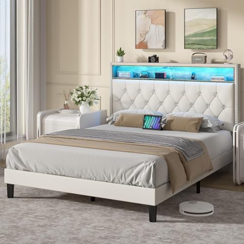 HOMBCK Full Size Bed Frame with LED Lights - Velvet Upholstered with Storage Headboard for Modern Bedroom - Easy Assembl