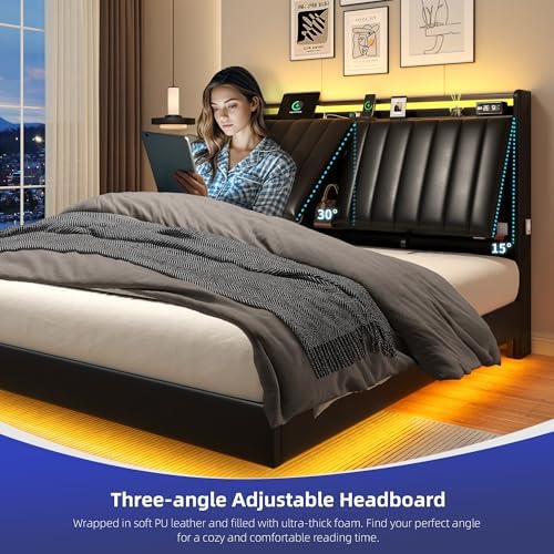 Queen Size Floating Bed Frame with Ergonomic Hidden Storage Headboard and LED Lights - Visual Floating Design with Charg