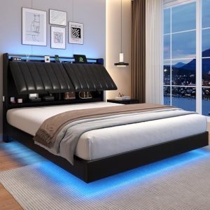 Queen Size Floating Bed Frame with Ergonomic Hidden Storage Headboard and LED Lights - Visual Floating Design with Charg