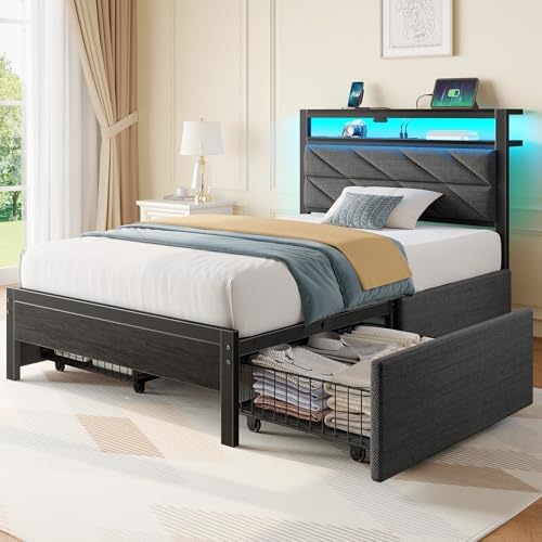 Seventable Full Size Bed Frame with Charging Station | Upholstered Storage Headboard | Metal Platform Bed with Under Bed