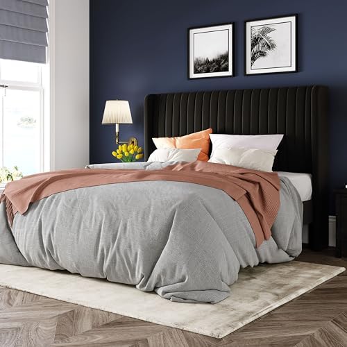 Allewie Queen Size Velvet Bed Frame - Upholstered Platform Bed with Wingback Headboard - Vertical Channel Tufted Design