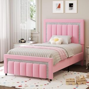HOMBCK Twin Size Bed Frame with Headboard - Velvet Upholstered Platform Bed for Girls - Easy Assembly, No Box Spring Nee
