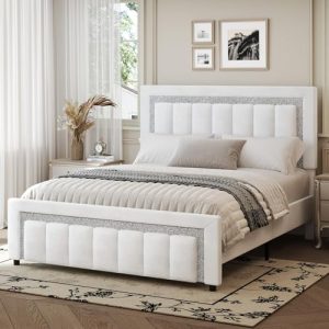 HOMBCK Full Size Bed Frame with Upholstered Headboard | Elegant Princess Platform Bed Design with Diamond Pattern | Easy