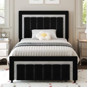 HOMBCK Twin Bed Frame – Diamond Velvet Design, Upholstered Support with Wooden Slats, No Box Spring Needed, Easy Assembl
