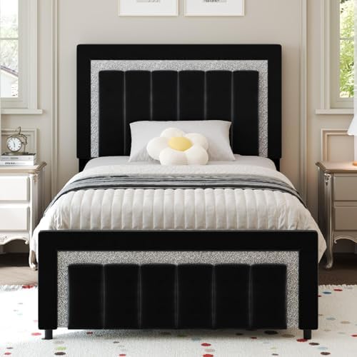 HOMBCK Twin Bed Frame with Headboard & Footboard, Upholstered Twin Size Bed, Easy Assembly, No Box Spring Needed, Stylis
