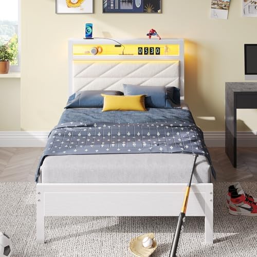 Seventable Full Size Bed Frame with Charging Station | Upholstered Storage Headboard | Metal Platform Bed with Under Bed