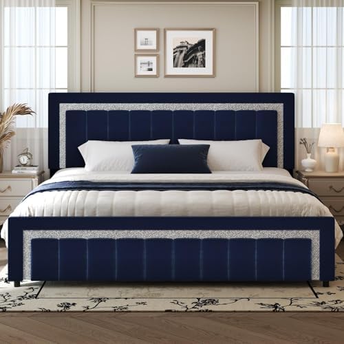HOMBCK Full Size Bed Frame with Upholstered Headboard | Elegant Princess Platform Bed Design with Diamond Pattern | Easy