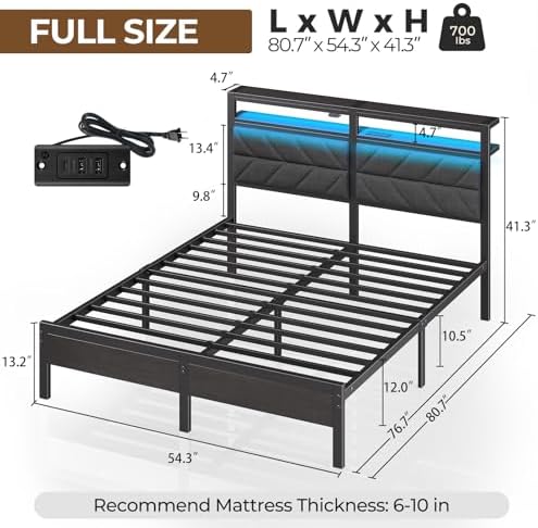 Seventable Full Size Bed Frame with Charging Station | Upholstered Storage Headboard | Metal Platform Bed with Under Bed