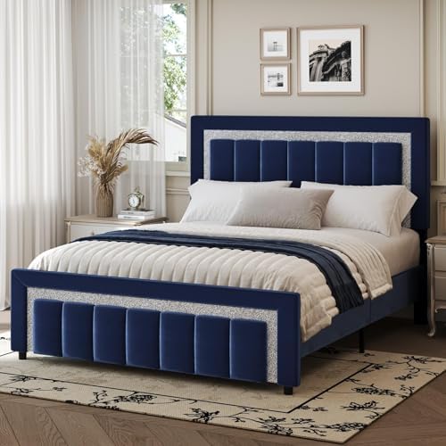 HOMBCK Full Size Bed Frame with Upholstered Headboard | Elegant Princess Platform Bed Design with Diamond Pattern | Easy