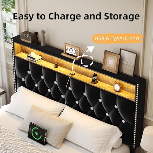 HOMBCK Full Size Bed Frame with LED Lights - Velvet Upholstered with Storage Headboard for Modern Bedroom - Easy Assembl