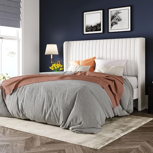 Allewie Queen Size Velvet Bed Frame - Upholstered Platform Bed with Wingback Headboard - Vertical Channel Tufted Design