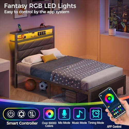 Seventable Full Size Bed Frame with Charging Station | Upholstered Storage Headboard | Metal Platform Bed with Under Bed