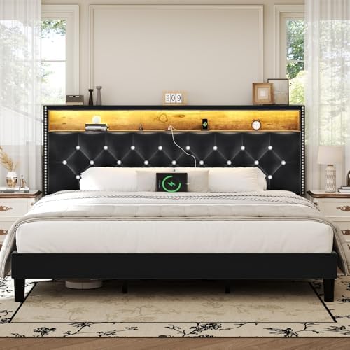 HOMBCK Full Size Bed Frame with LED Lights - Velvet Upholstered with Storage Headboard for Modern Bedroom - Easy Assembl