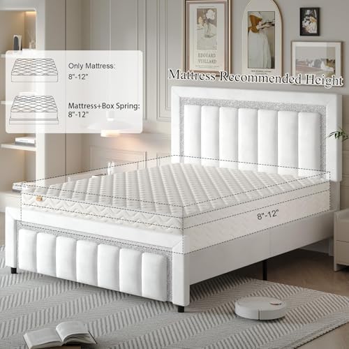 HOMBCK Full Size Bed Frame with Upholstered Headboard | Elegant Princess Platform Bed Design with Diamond Pattern | Easy