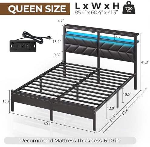 Seventable Full Size Bed Frame with Charging Station | Upholstered Storage Headboard | Metal Platform Bed with Under Bed
